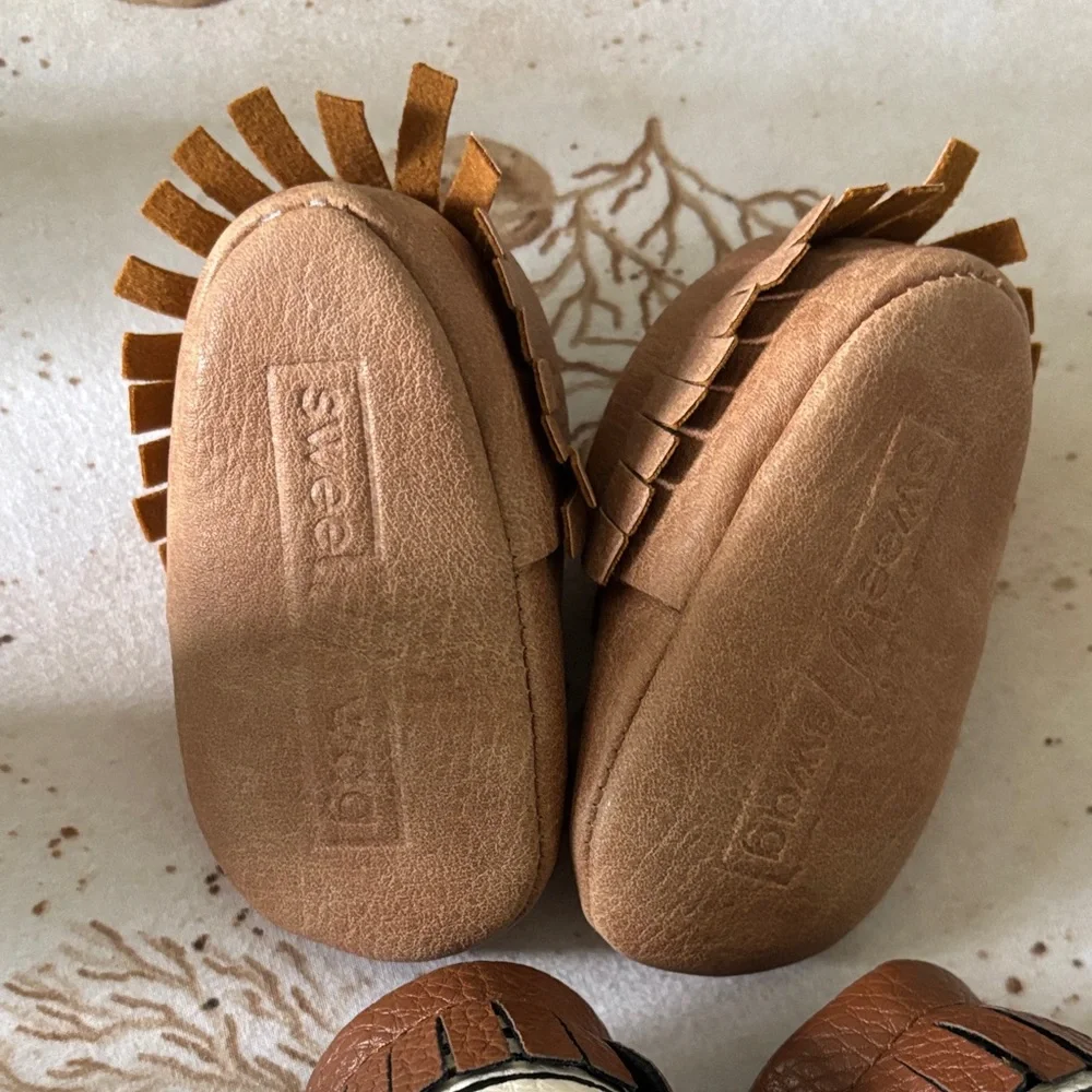 Baby Shoes Moccasins Two Pairs Size 1 Solid Brown and Blue White Striped Pair